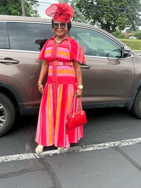 Bright Pink & Red Striped Maxi Dress with Belt